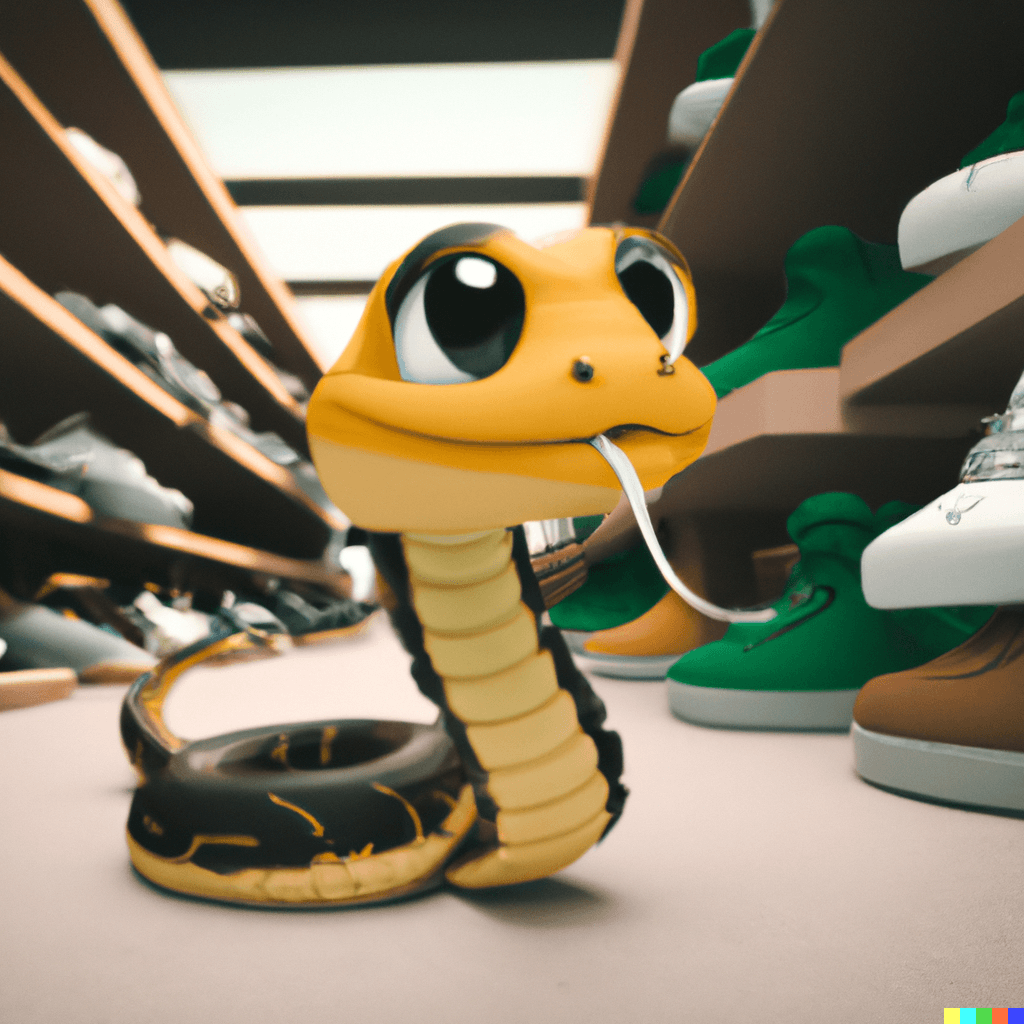 A cute baby snake in a show store, 3d render, digital art.